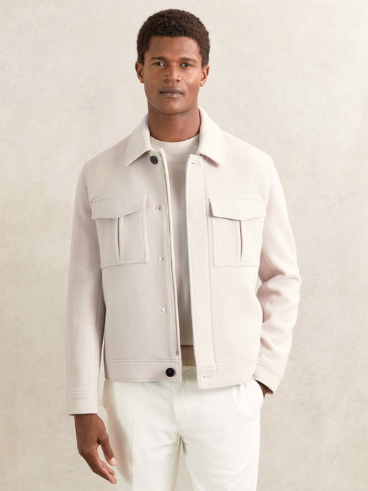 Wool Blend Twin Pocket Zipped Jacket Ivory | Men