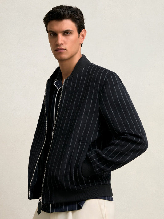Wool-Blend Chalk-Stripe Bomber Jacket Navy | Men
