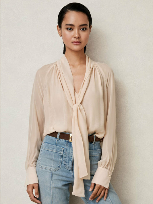 Silk Blend Chiffon Tie-Neck Blouse Pale Pink | Women