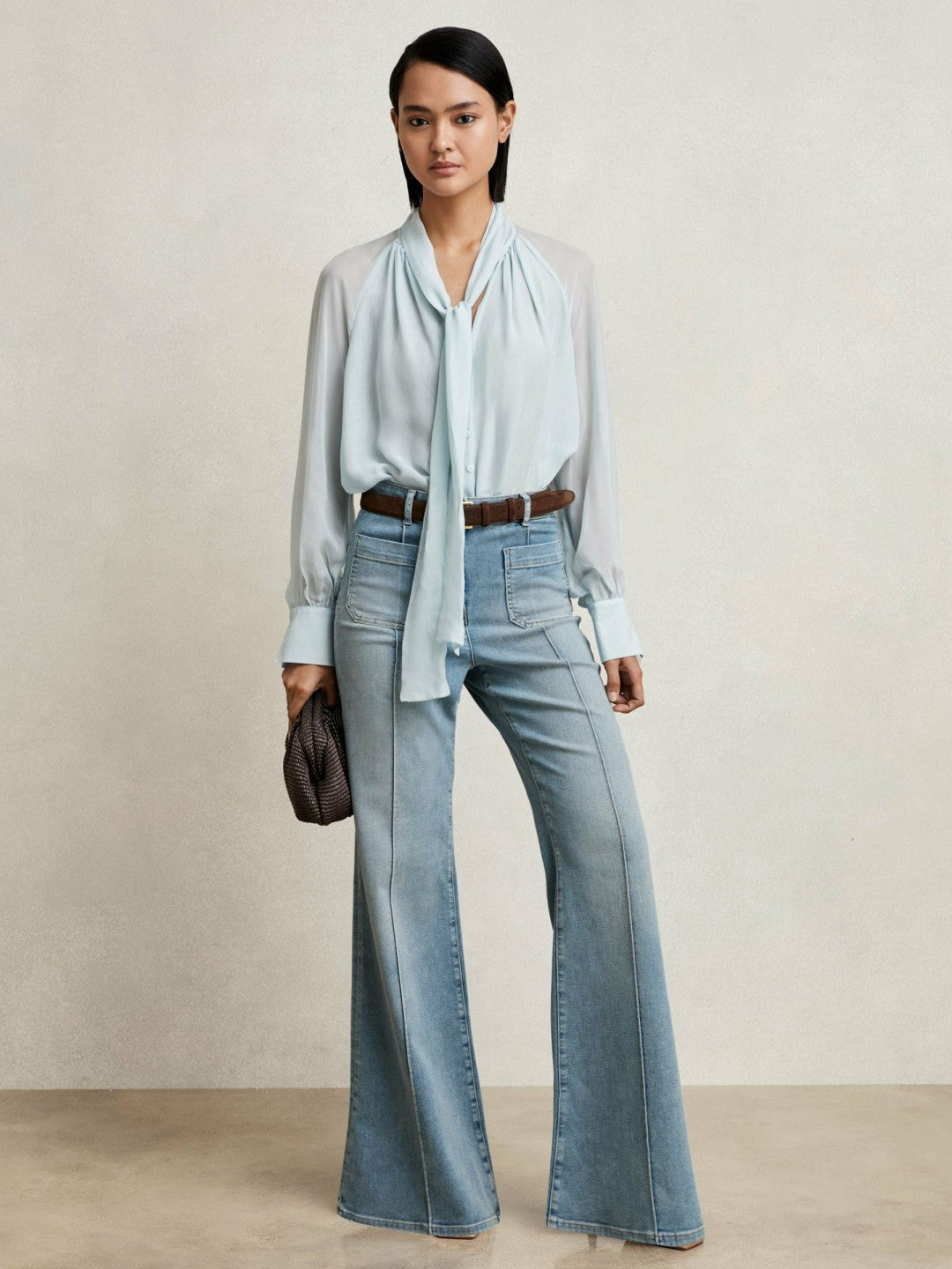 Silk Blend Chiffon Tie-Neck Blouse Pale Blue | Women