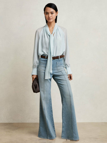 Silk Blend Chiffon Tie-Neck Blouse Pale Blue | Women