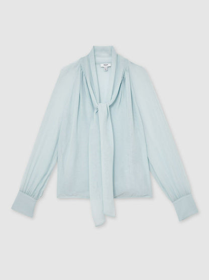 Silk Blend Chiffon Tie-Neck Blouse Pale Blue | Women