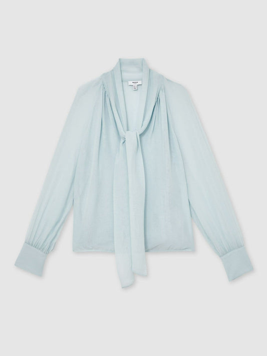 Silk Blend Chiffon Tie-Neck Blouse Pale Blue | Women