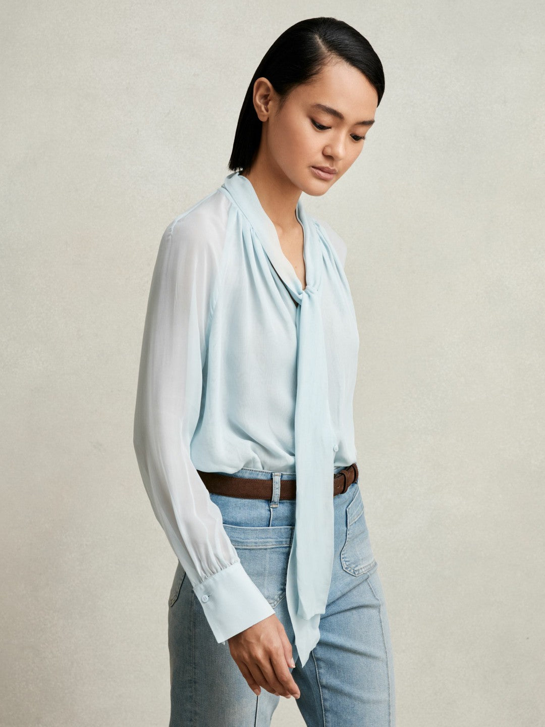 Silk Blend Chiffon Tie-Neck Blouse Pale Blue | Women