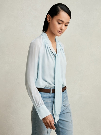 Silk Blend Chiffon Tie-Neck Blouse Pale Blue | Women