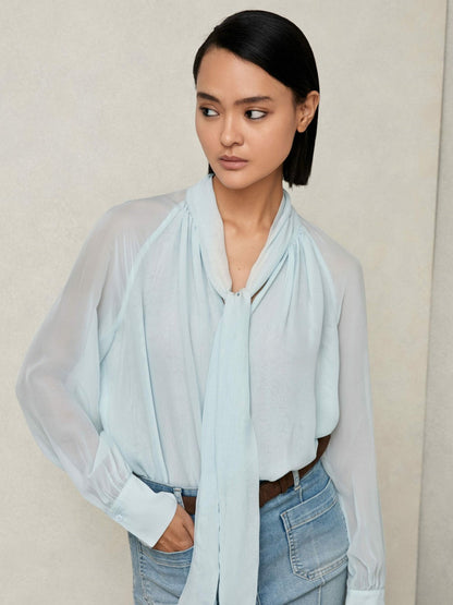 Silk Blend Chiffon Tie-Neck Blouse Pale Blue | Women