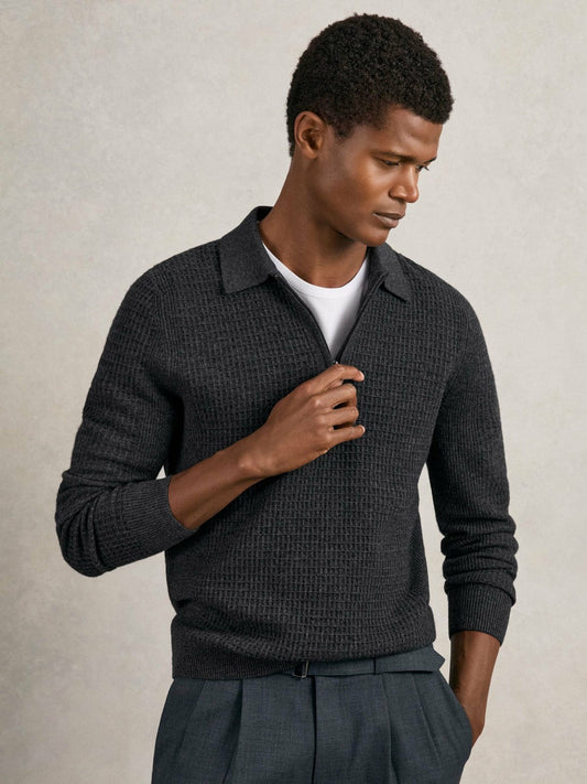 Wool Waffle-Knit Half-Zip Polo Shirt Charcoal Grey | Men