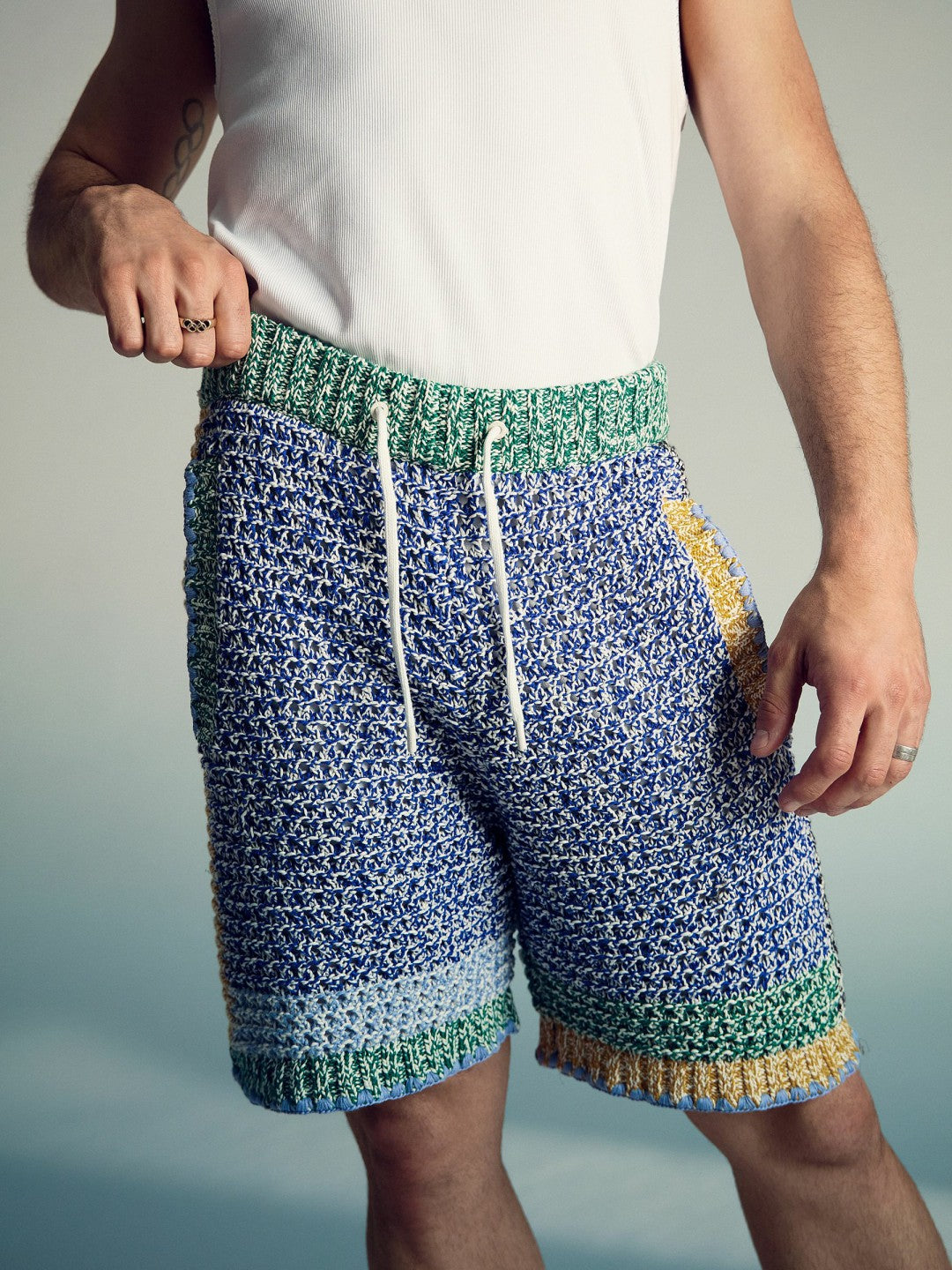 | Tom Daley Crochet Panel Shorts Yellow/Green/Blue Multi | Men