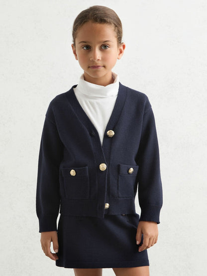 9-13 yrs Knitted Embossed-Button Cardigan Navy | Children & Baby