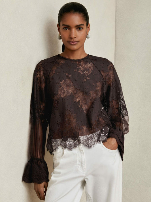 Lace Flared Cuff Blouse Chocolate Brown | Women