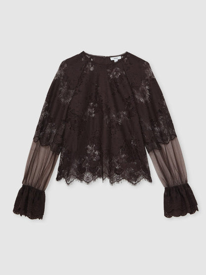 Lace Flared Cuff Blouse Chocolate Brown | Women