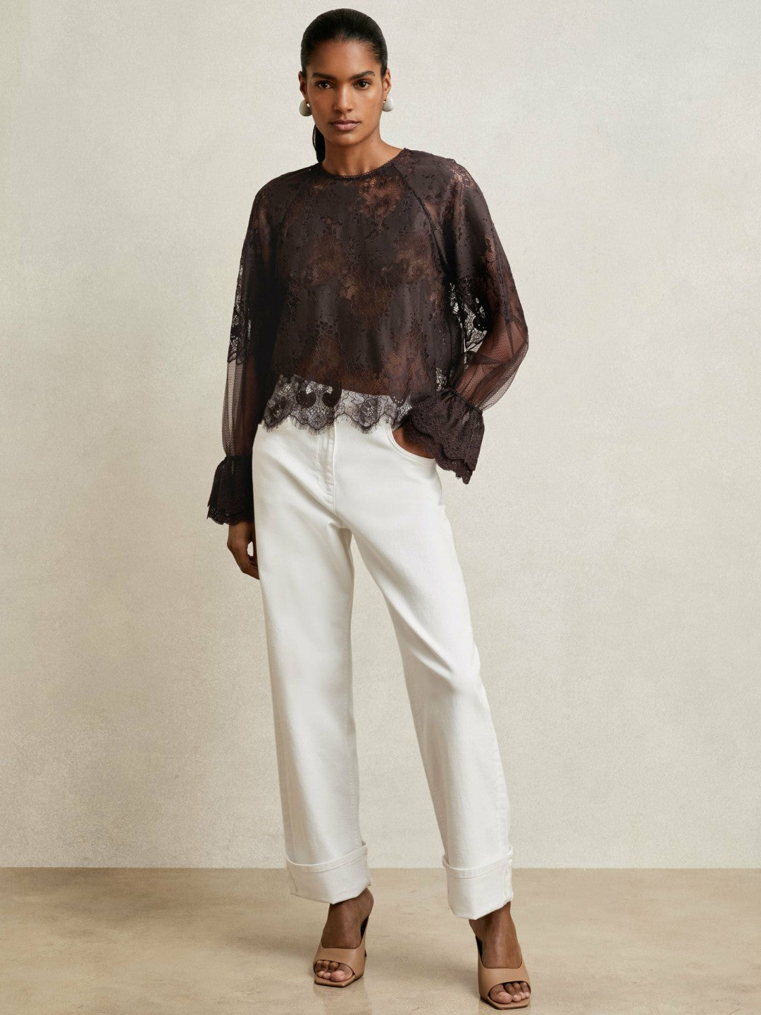 Lace Flared Cuff Blouse Chocolate Brown | Women
