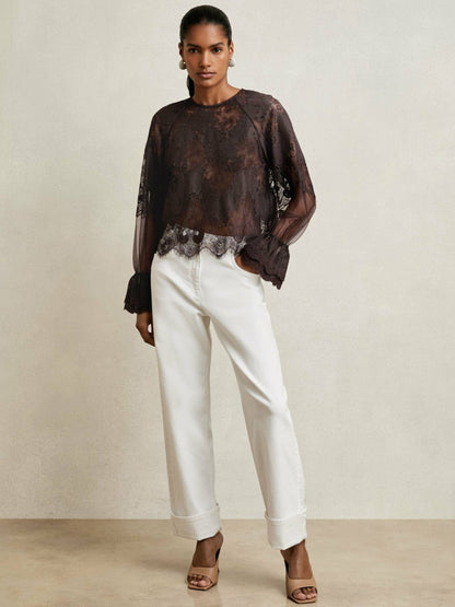 Lace Flared Cuff Blouse Chocolate Brown | Women