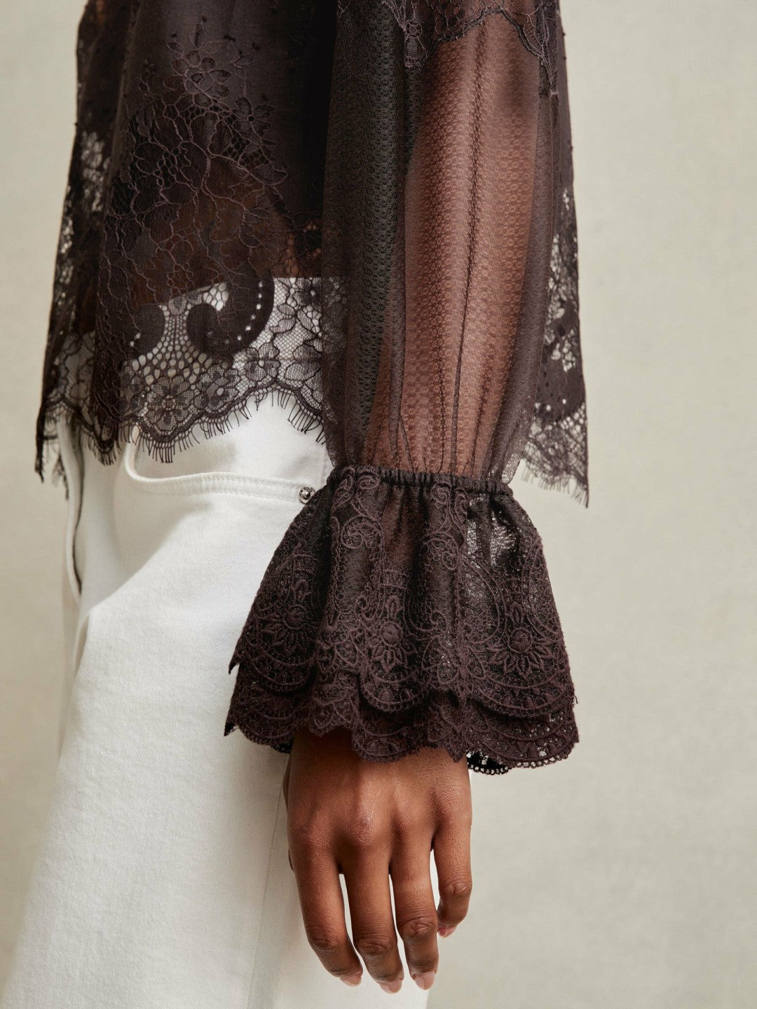 Lace Flared Cuff Blouse Chocolate Brown | Women