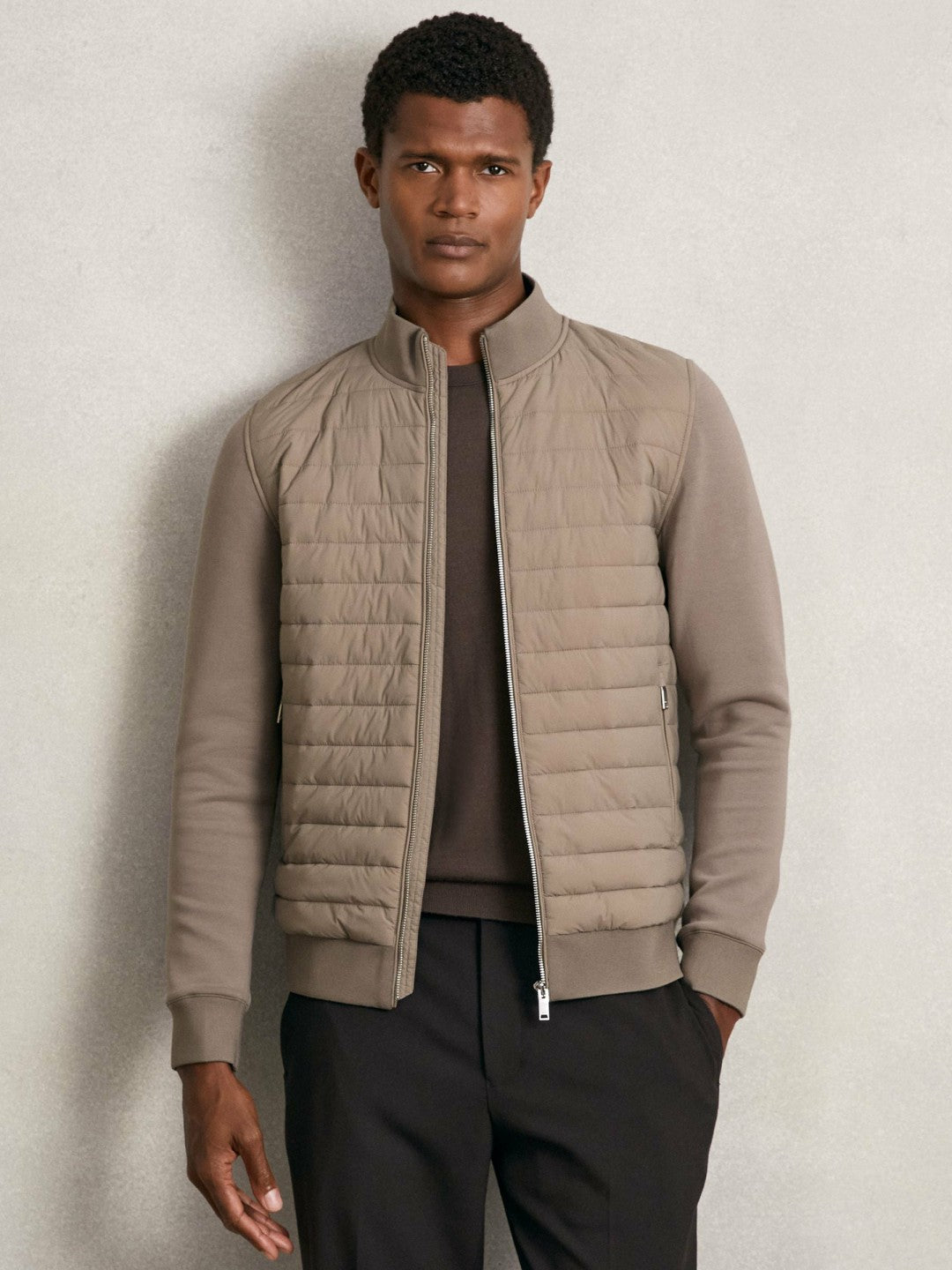Hybrid Quilt and Knit Zip-Through Jacket Taupe Brown | Men