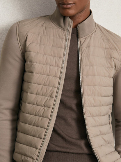 Hybrid Quilt and Knit Zip-Through Jacket Taupe Brown | Men