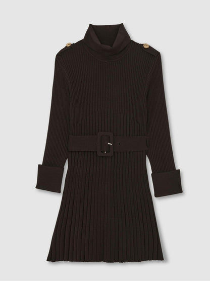 3-9 yrs Rib-Knit Roll-Neck Belted Dress Chocolate | Children & Baby