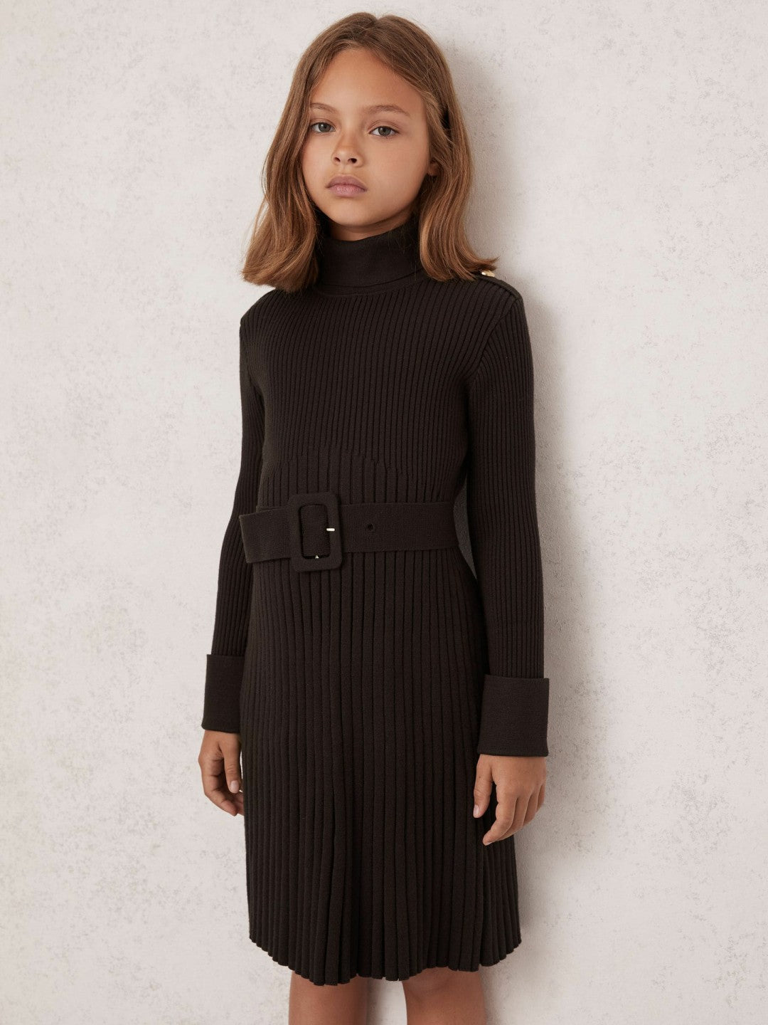 3-9 yrs Rib-Knit Roll-Neck Belted Dress Chocolate | Children & Baby
