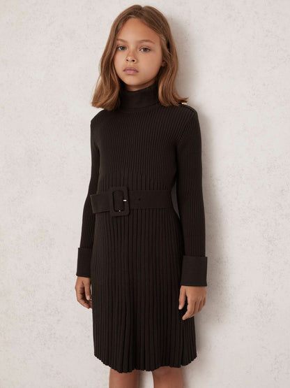 3-9 yrs Rib-Knit Roll-Neck Belted Dress Chocolate | Children & Baby