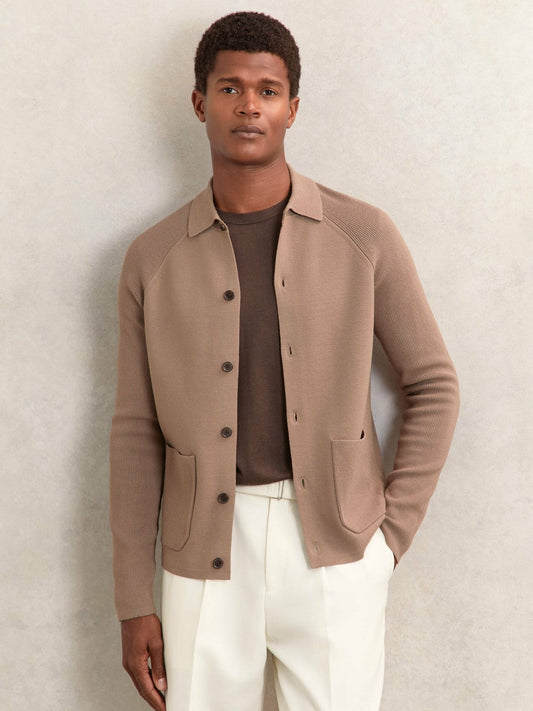 Button-Through Ribbed-Sleeve Shirt Camel Brown | Men