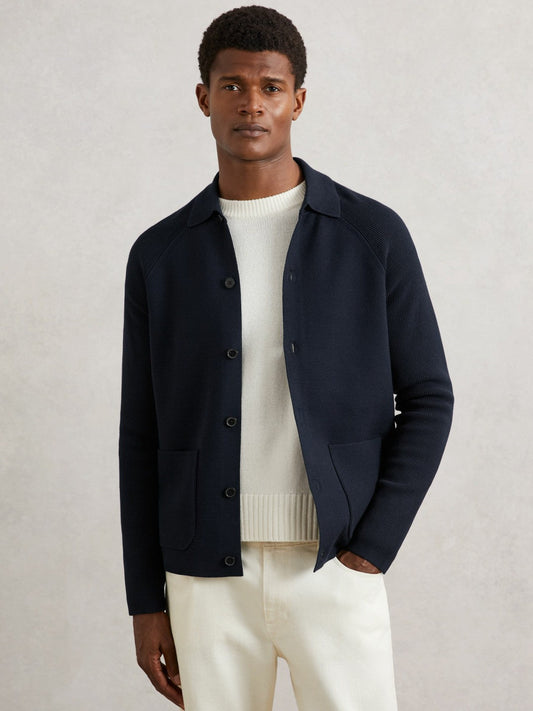 Button-Through Ribbed-Sleeve Shirt Navy Blue | Men
