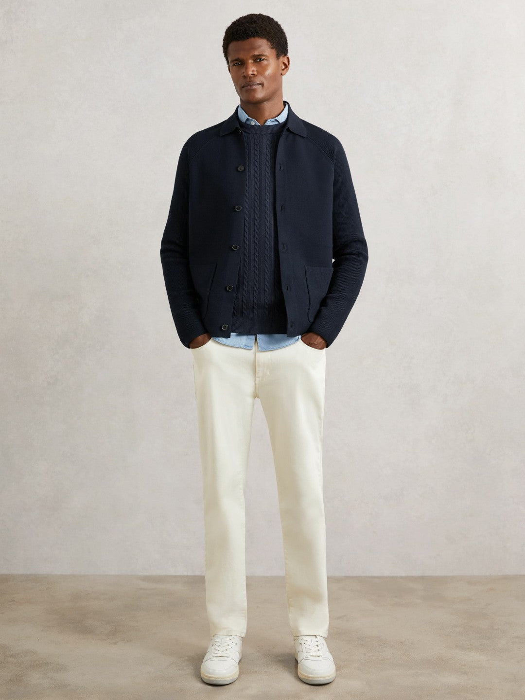 Button-Through Ribbed-Sleeve Shirt Navy Blue | Men