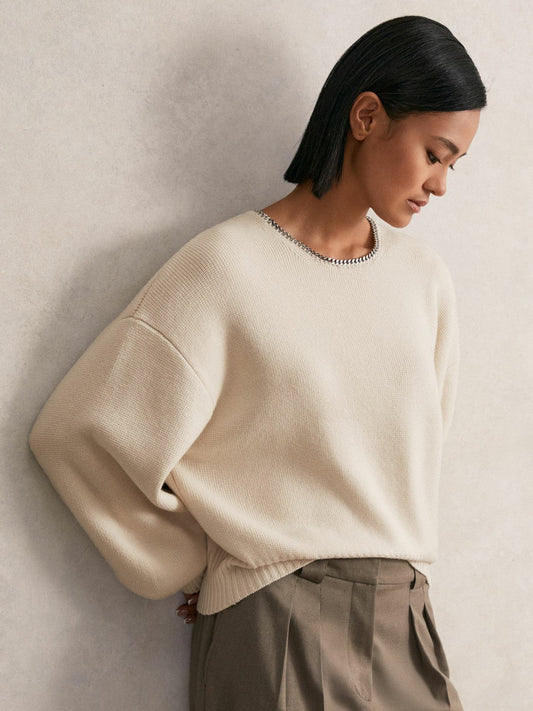 Wool-Blend Necklace-Trim Jumper with Cashmere Cream | Women