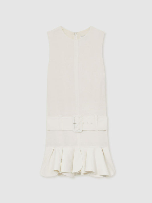 Ruffle Hem Belted Mini Dress Ivory | Women