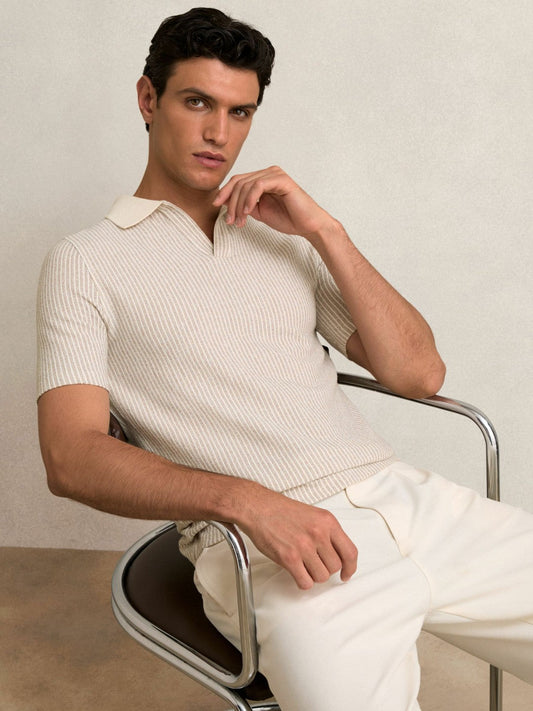 Cotton-Blend Stripe Polo Shirt Ecru/Taupe Brown | Men