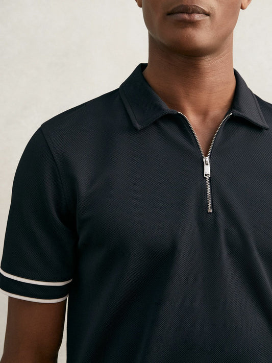 Textured Half-Zip Tipped Polo Shirt Navy | Men