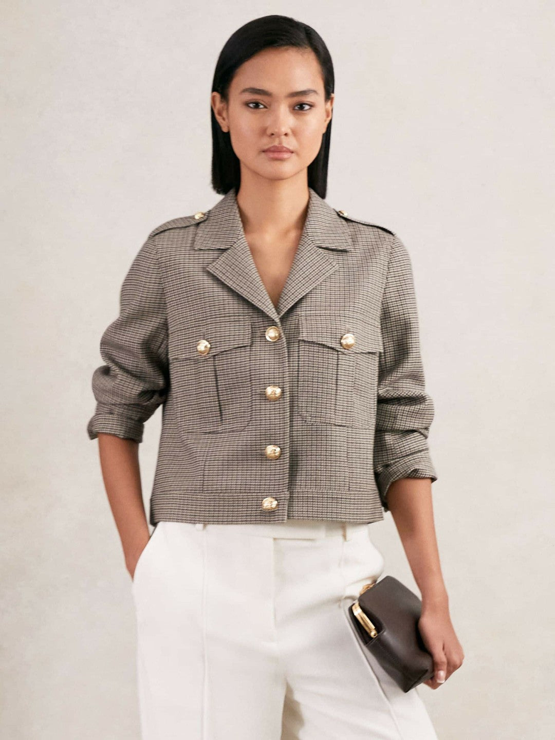 Wool Twin-Pocket Cropped Jacket Neutral Check | Women