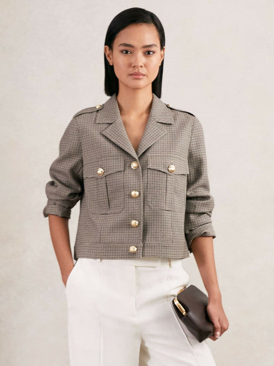 Wool Twin-Pocket Cropped Jacket Neutral Check | Women