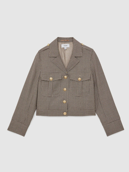 Wool Twin-Pocket Cropped Jacket Neutral Check | Women