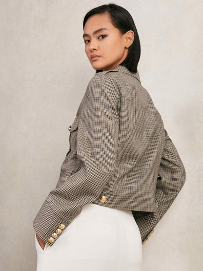 Wool Twin-Pocket Cropped Jacket Neutral Check | Women