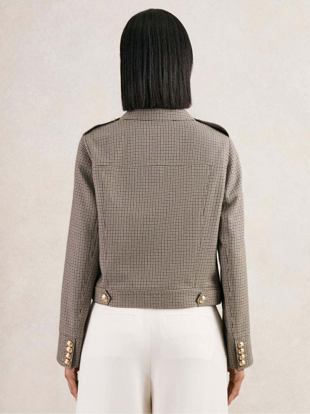 Wool Twin-Pocket Cropped Jacket Neutral Check | Women
