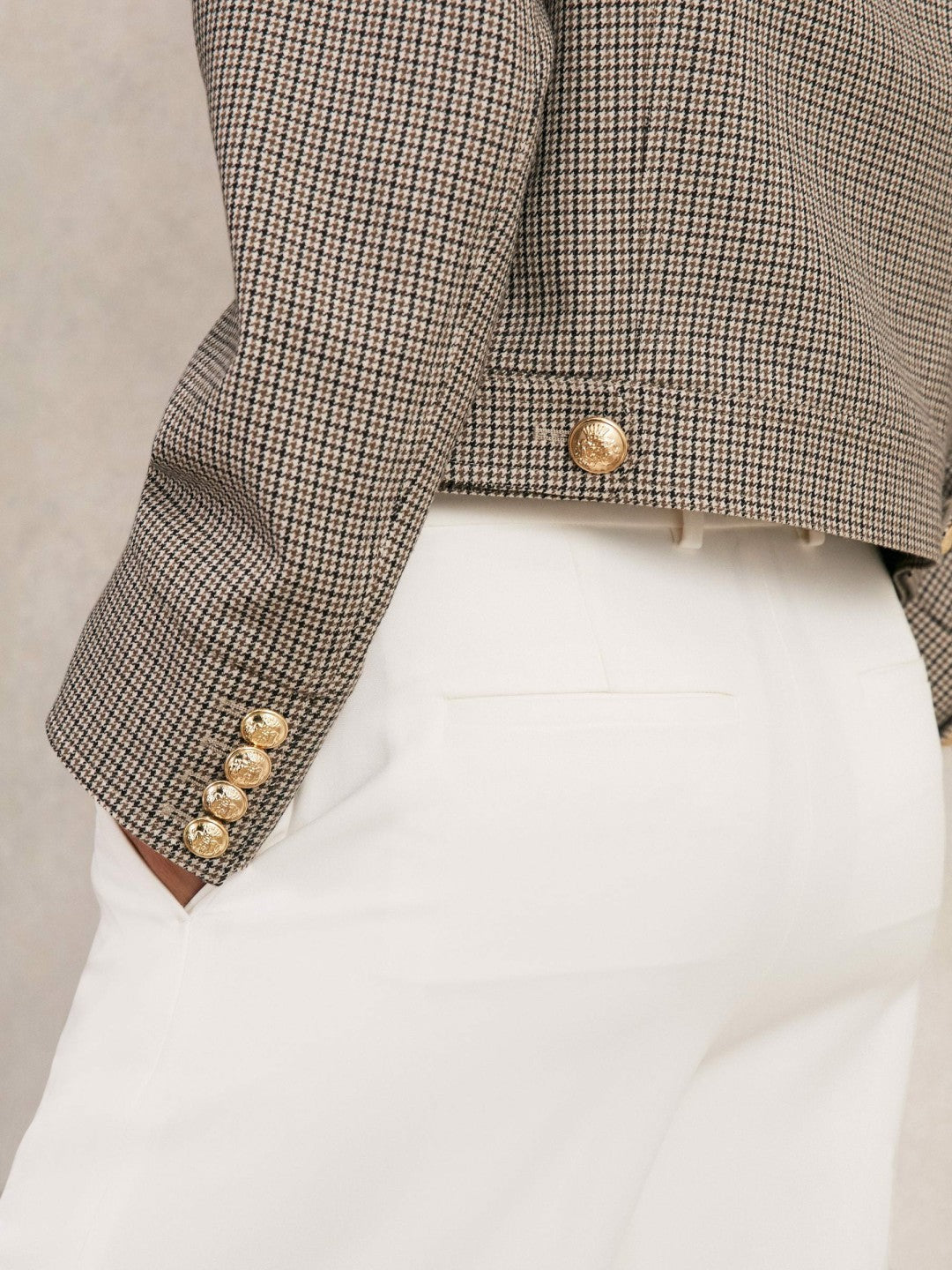 Wool Twin-Pocket Cropped Jacket Neutral Check | Women