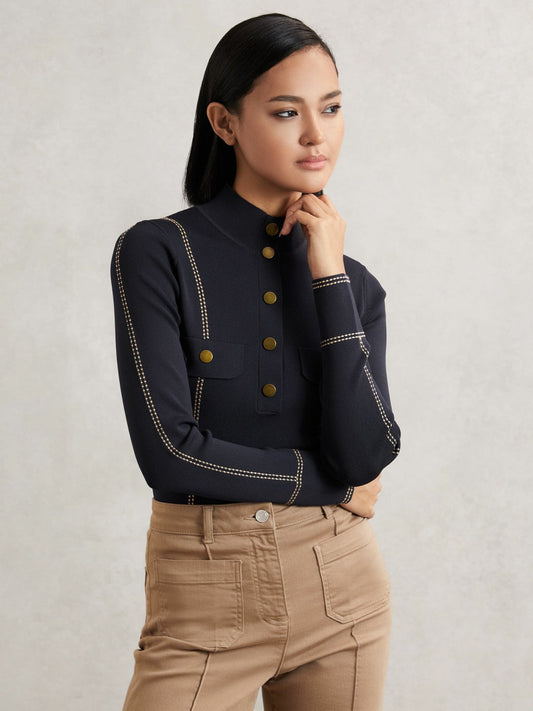 Contrast-Stitch Knit Top Navy | Women