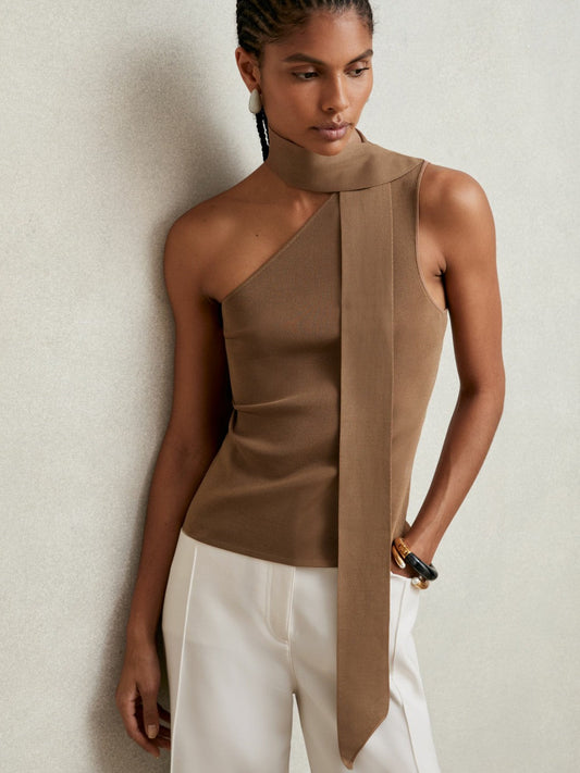 One Shoulder Scarf Top Taupe Neutral | Women