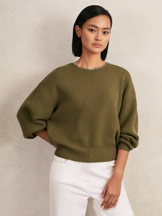 Wool-Blend Necklace-Trim Jumper with Cashmere Sage Green | Women
