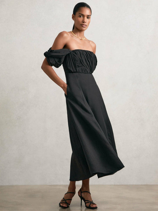 Bardot Sculpted Bodice Midi Dress With Linen Black | Women