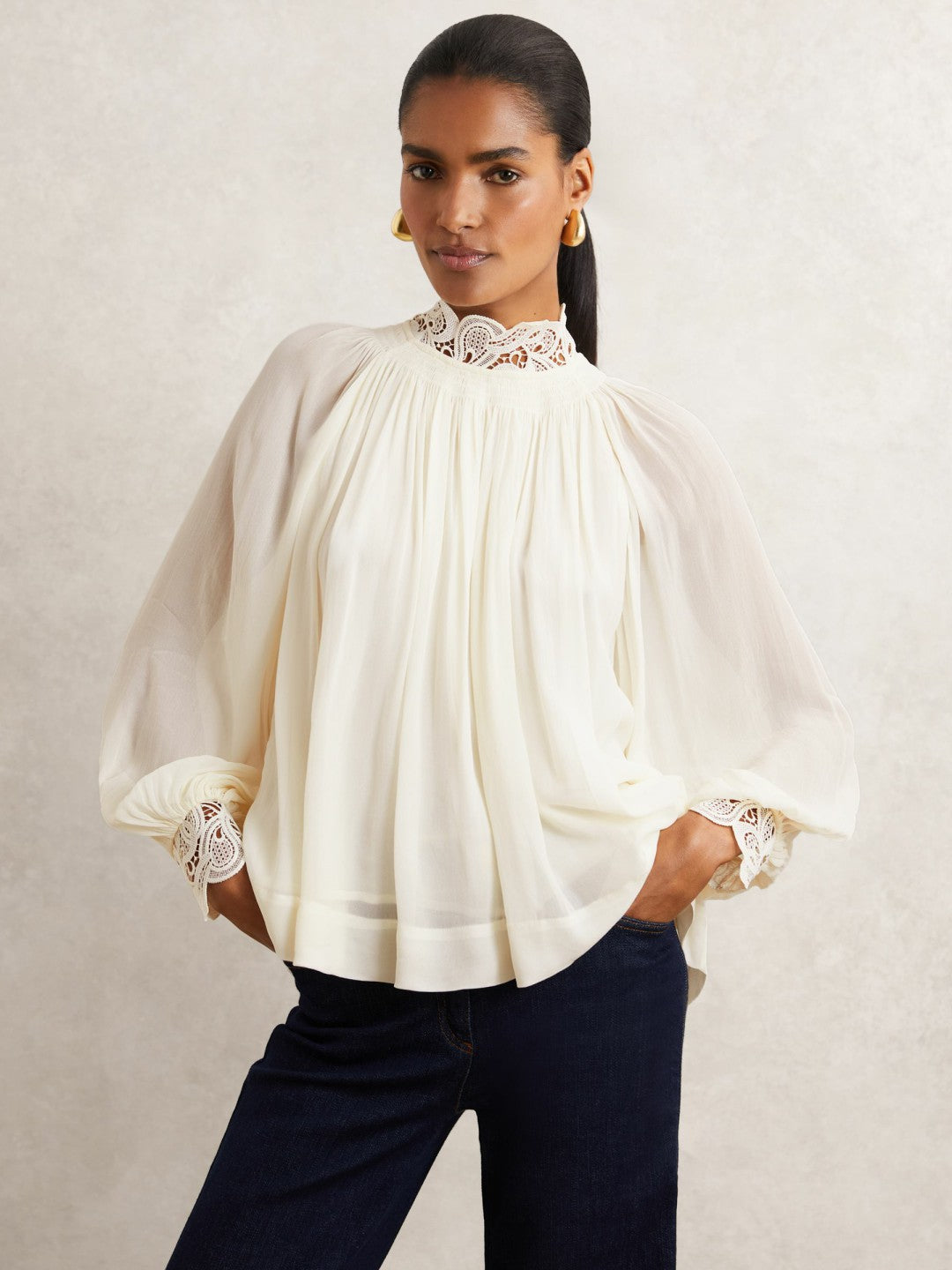 Lace-Trim Draped Chiffon Top Cream | Women