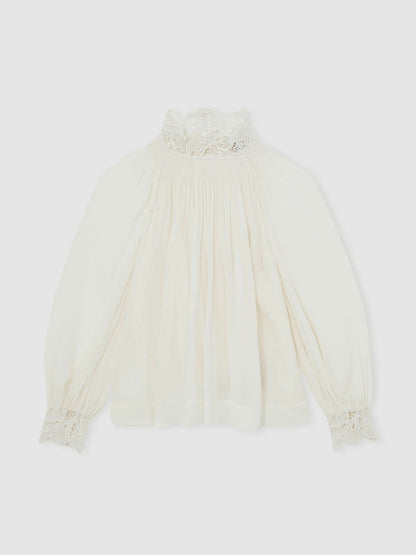 Lace-Trim Draped Chiffon Top Cream | Women