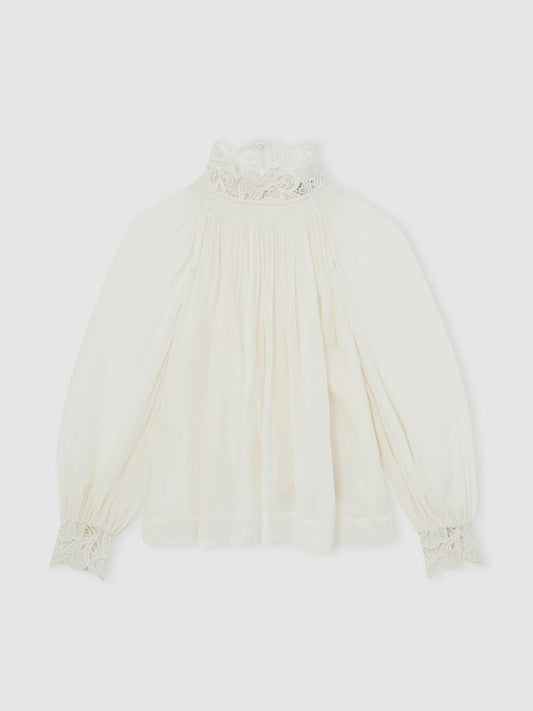 Lace-Trim Draped Chiffon Top Cream | Women