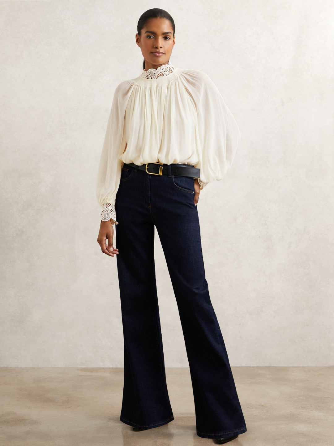 Lace-Trim Draped Chiffon Top Cream | Women