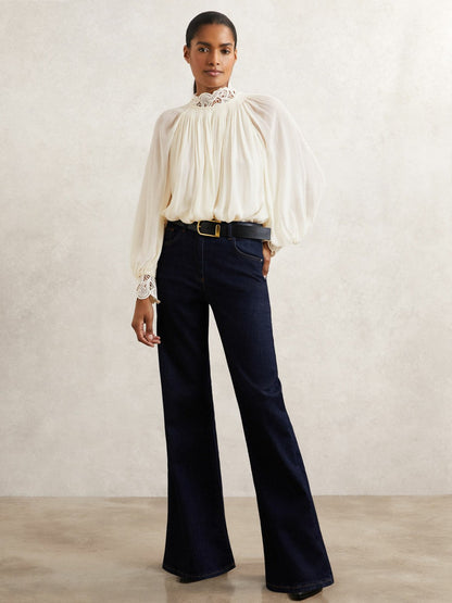 Lace-Trim Draped Chiffon Top Cream | Women