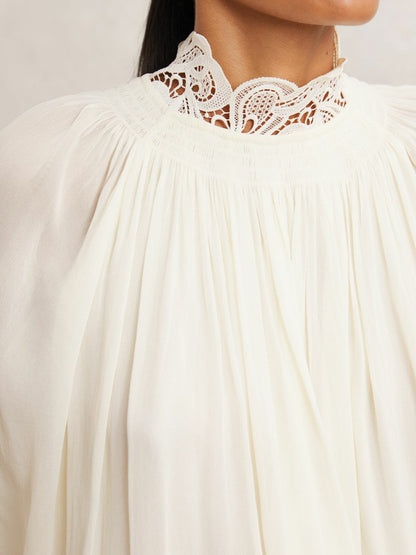 Lace-Trim Draped Chiffon Top Cream | Women