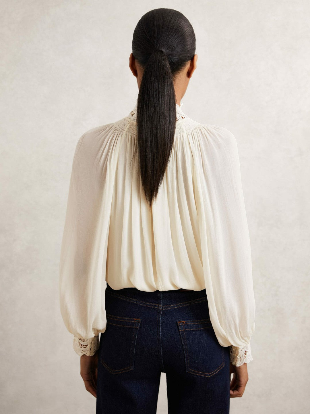 Lace-Trim Draped Chiffon Top Cream | Women