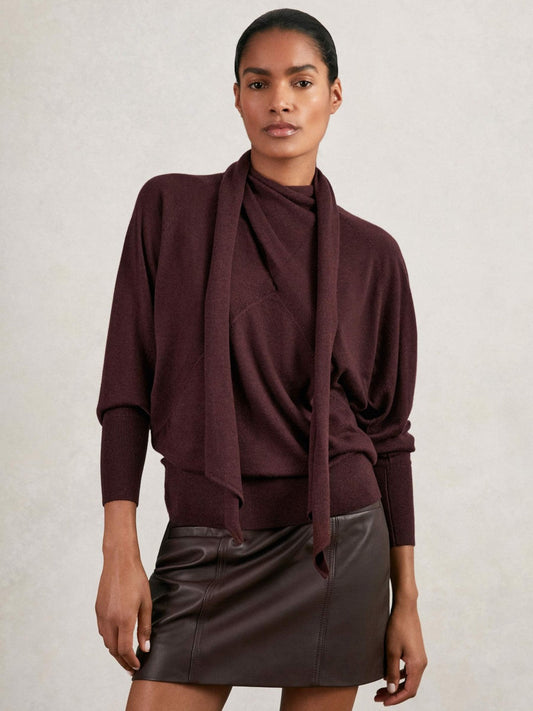 Wool Scarf-Tie Draped Jumper Burgundy | Women