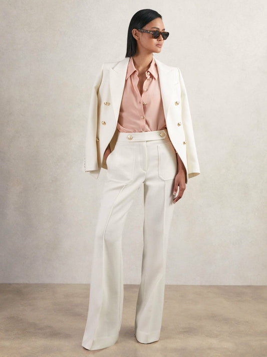 Twill Button-Tab Flared Trousers With Wool White | Women