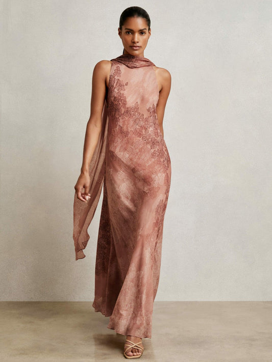 Chiffon Floral Cape Maxi Dress Pale Pink | Women